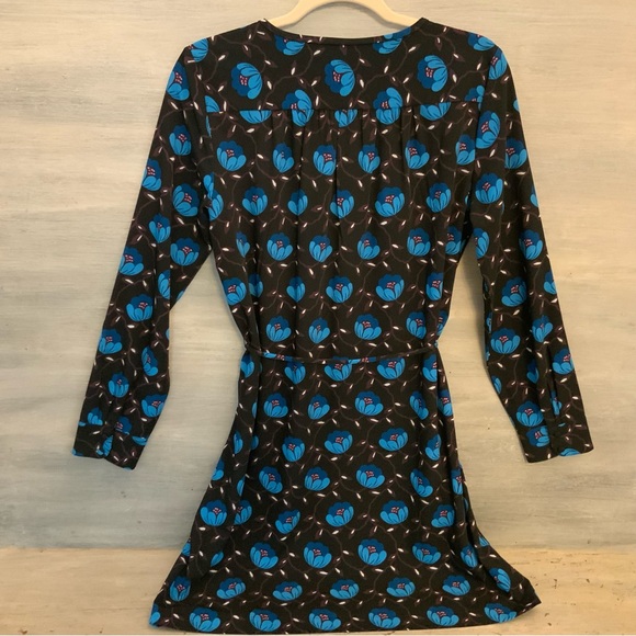 LOFT Black Blue Floral Print Shirt Dress Medium Band Collar Like New - Picture 7 of 9